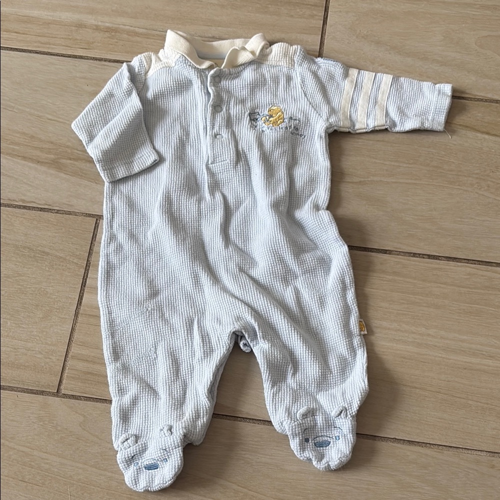 Baby Blue Striped Onesie with Bear Embroidery